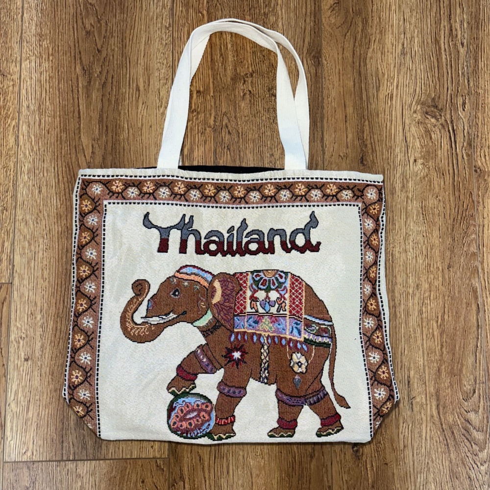 Thailand Elephant Woven Tapestry Tote Bag Boho 100%‎ Cotton Made in Thailand